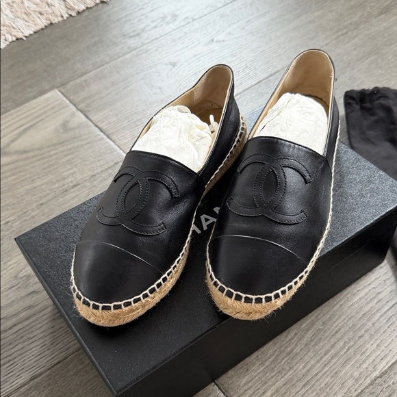 CHANEL Shoes - CHANEL Black Leather Espadrille Slip-Ons with Interlocking CC